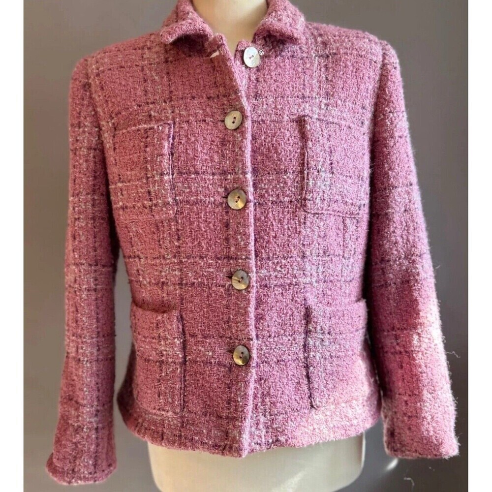 Susan Bristol Pink Subtle Plaid Tweed Button Wool Blend Jacket Size 8P